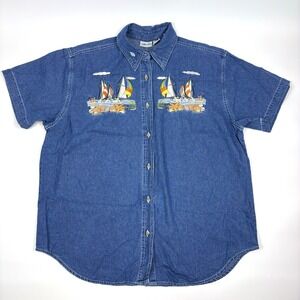 VTG Cabin Creek Chambray Button Up Shirt Womens Sz PXL Blue Embroidered Sailboat